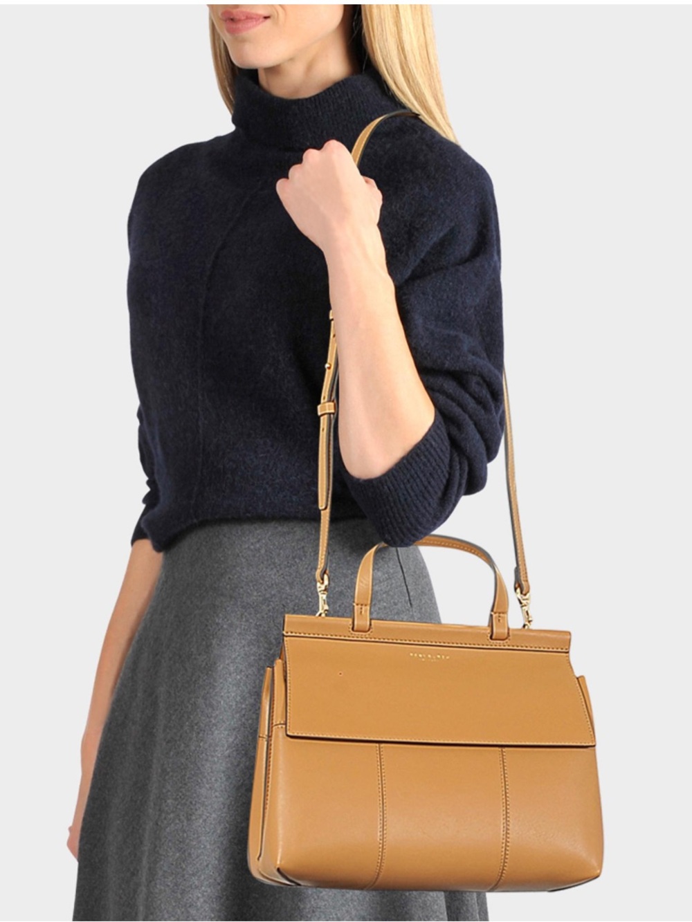 Tory Burch Block T Tan Leather Satchel/Crossbody Bag Flap Front Quiet Luxury